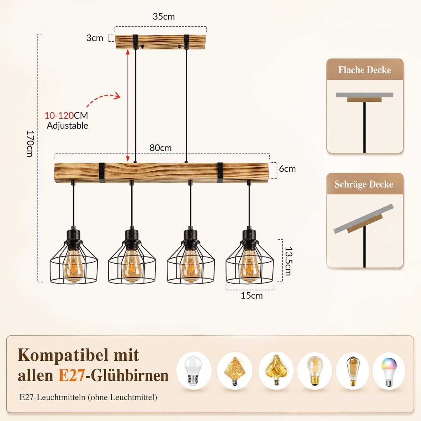 ZMH Vintage Pendelleuchte esstisch Hängelampe Holz Esstischlampe E27 Retro