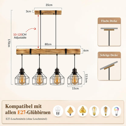 ZMH Vintage Pendelleuchte esstisch Hängelampe Holz Esstischlampe E27 Retro