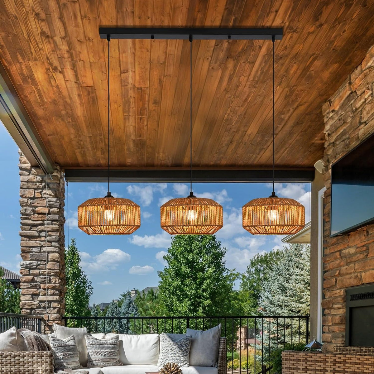 ZMH Pendelleuchte Boho Hängelampe Rattan Lampe Hängend Höhenverstellbar