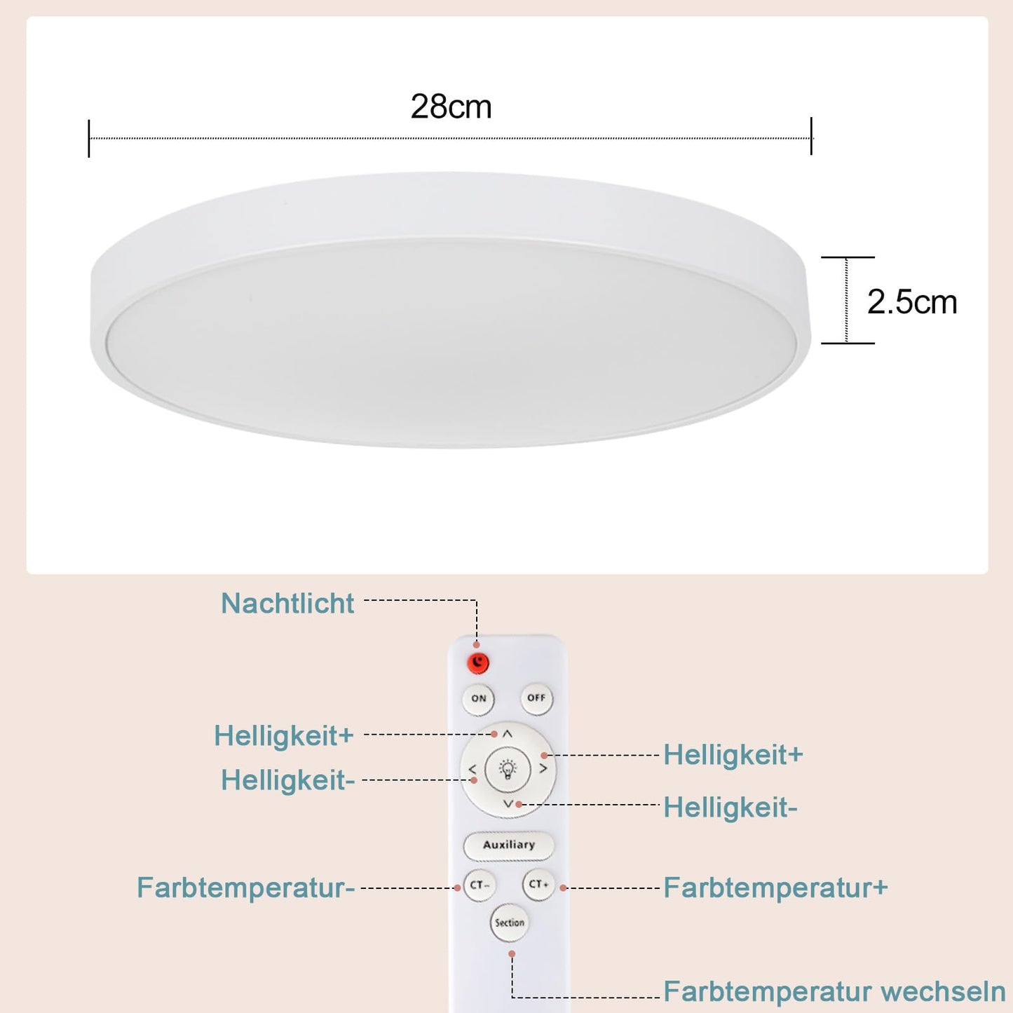 ZMH  Deckenlampe LED Deckenleuchte Flach - Schlafzimmerlampe Dimmbar Kellerlampe Badlampe 30W IP44 Küchenlampe Flurlampe Ø28cm Rund Badezimmerlampe mit Fernbedienung Wohnzimmer Bad Büro