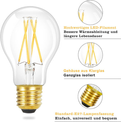 ZMH 6 Stück LED Glühbirne E27 Vintage Lampe - A60 Warmweiss Filament Leuchtmittel Edison Retro Glühlampe 2700K 4W Warmweiß Birne Glas Antike Energiesparlampe für Hotel Haus Café Bar