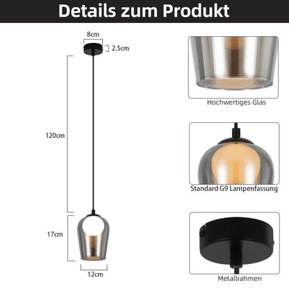 Pendelleuchte Schlafzimmer H?ngelampe Schwarz - 1 Flammig H?ngeleuchte Glas Esstischlampe H?ngend G9 Nachtisch Pendellampe H?henverstellbar f¨¹r Wohnzimmer Esstisch Flur (ohne Leuchtmittel)