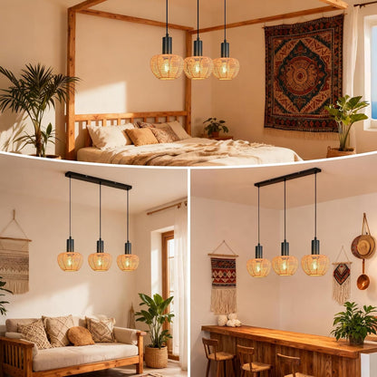 ZMH Hängelampe Boho Pendelleuchte Rattan 3-1 Flammig Esstischlampe