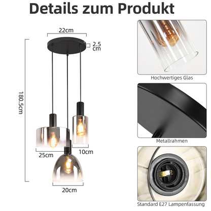 Pendelleuchte Wohnzimmer Hängelampe 3 Flammig Hängeleuchte-E27 Vintage Esszimmerlampe Hängend Pendellampe Höhenverstellbar Rauchgrau Glas für Schlafzimmer Wohnzimmer (ohne Leuchtmittel)