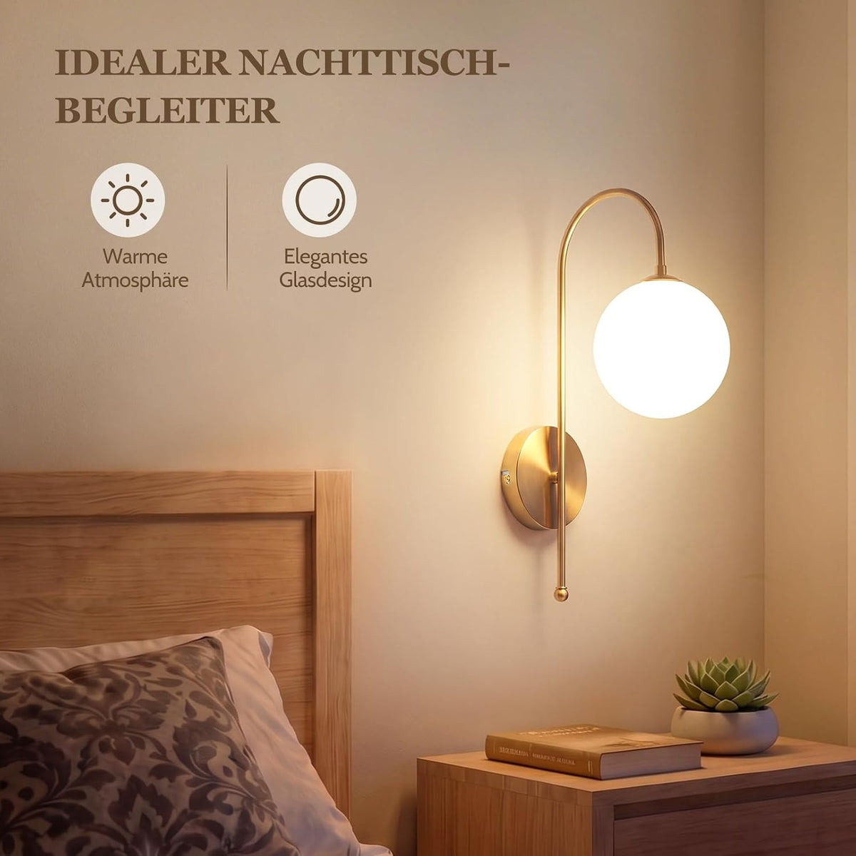 ZMH Wandleuchte Innen Wandlampe Schlafzimmer G9 Flurlampe Gold Glaskugel