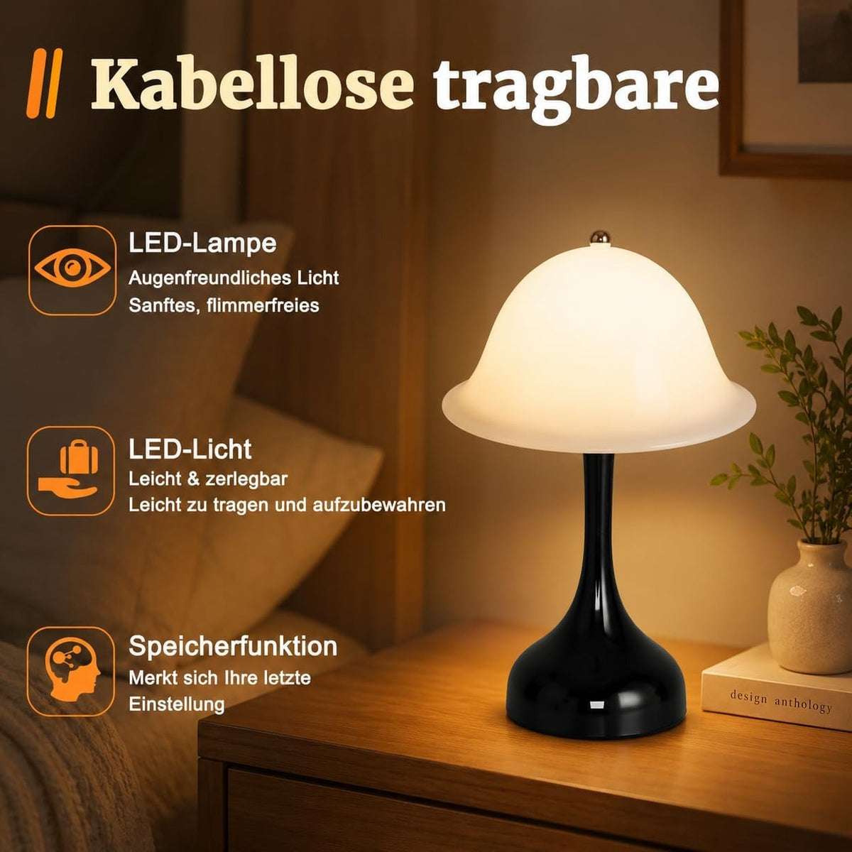 Tischlampe Kabello Nachttischlampe LED - Akku Tischleuchte USB Aufladbar