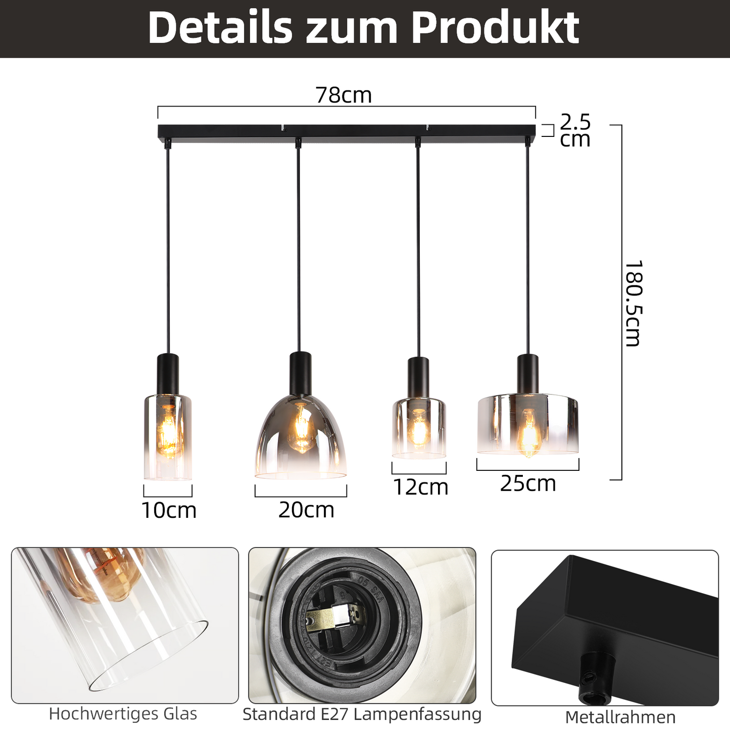 Pendelleuchte H?ngelampe Esstisch 4 Flammig H?ngeleuchte- E27 Vintage Esszimmerlampe H?ngend Pendellampe H?henverstellbar Glas Retro f¨¹r Schlafzimmer Wohnzimmer (ohne Leuchtmittel)