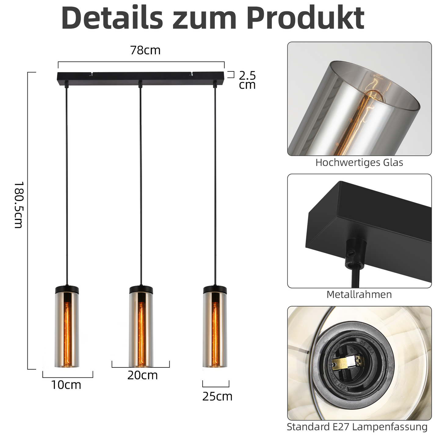 H?ngelampe Vintage Esstisch Pendelleuchte Schwarz - 3 Flammig H?ngeleuchte H?henverstellbar E27 Esstischlampe H?ngend Pendellampe Glas f¨¹r K¨¹chen Schlafzimmer Wohnzimmer (ohne Leuchtmittel)