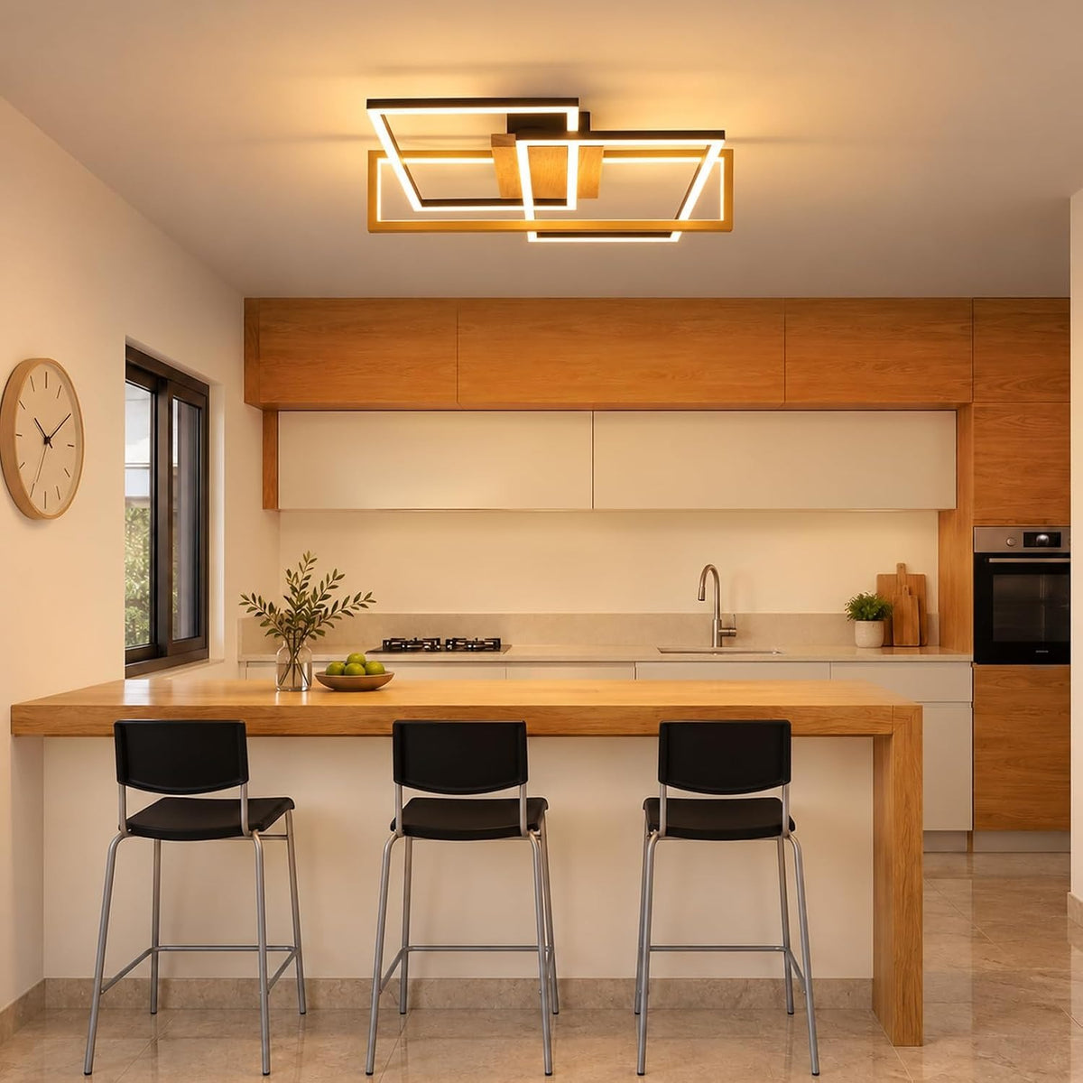 ZMH Deckenlampe Wohnzimmer LED Schwarz Deckenleuchte 46W Holz Küchenlampe