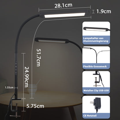 ZMH Schreibtischlampe LED Klemmbar - Dimmbar Schreibtischleuchte Schwarz 5 Farben und 5 Helligkeitsstufen 11W Tageslichtlampe Augenschutz Schwanenhals Tischlampe f¨¹r B¨¹ro Arbeitszimmer Schneider