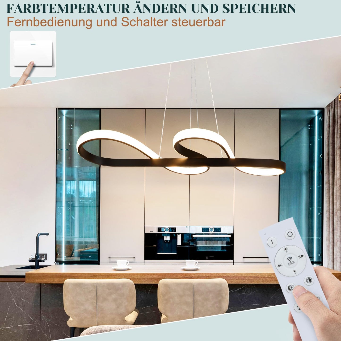 ZMH LED Pendelleuchte Esstisch Hängelampe Dimmbar - Hängeleuchte Schwarz 47W Esstischlampe mit Fernbedienung Esszimmerlampe Modern Design Pendellampe für Esszimmer Arbeitszimmer Wohnzimmer Küche Büro