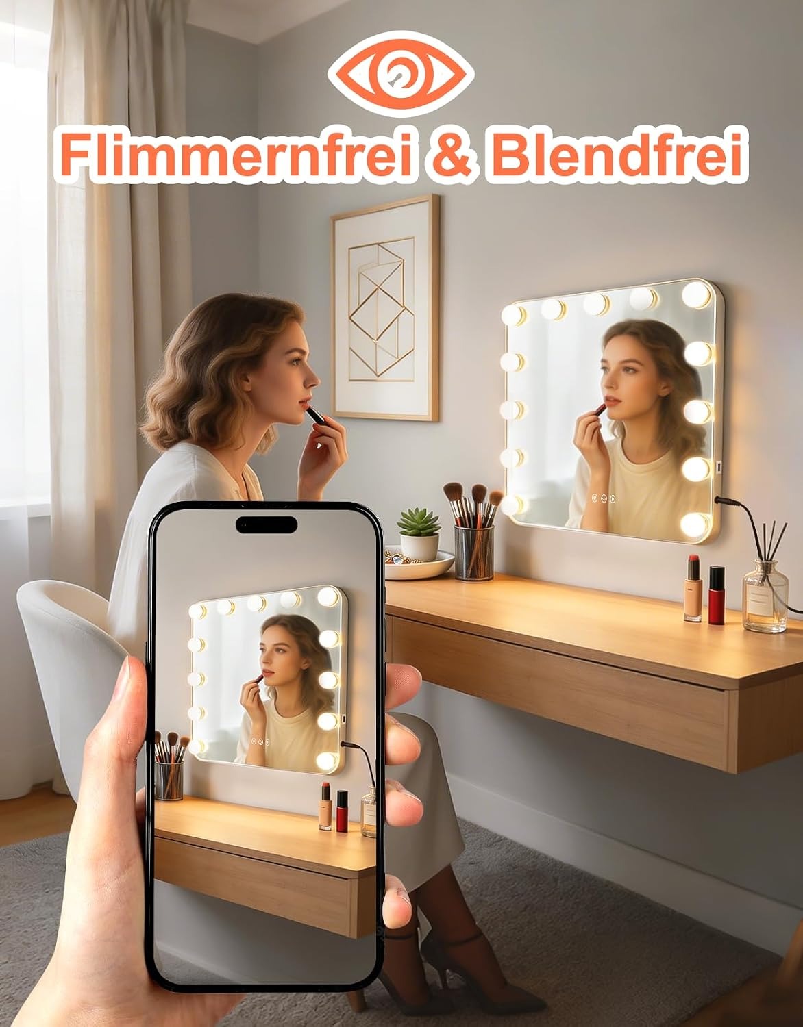 ZMH Hollywood Schminkspiegel Spiegel mit Beleuchtung - 50×40CM LED Vanity Mirror Klein Kosmetikspiegel mit Licht Tischspiegel 3 Modi Schminktischspiegel Touch Dimmbar