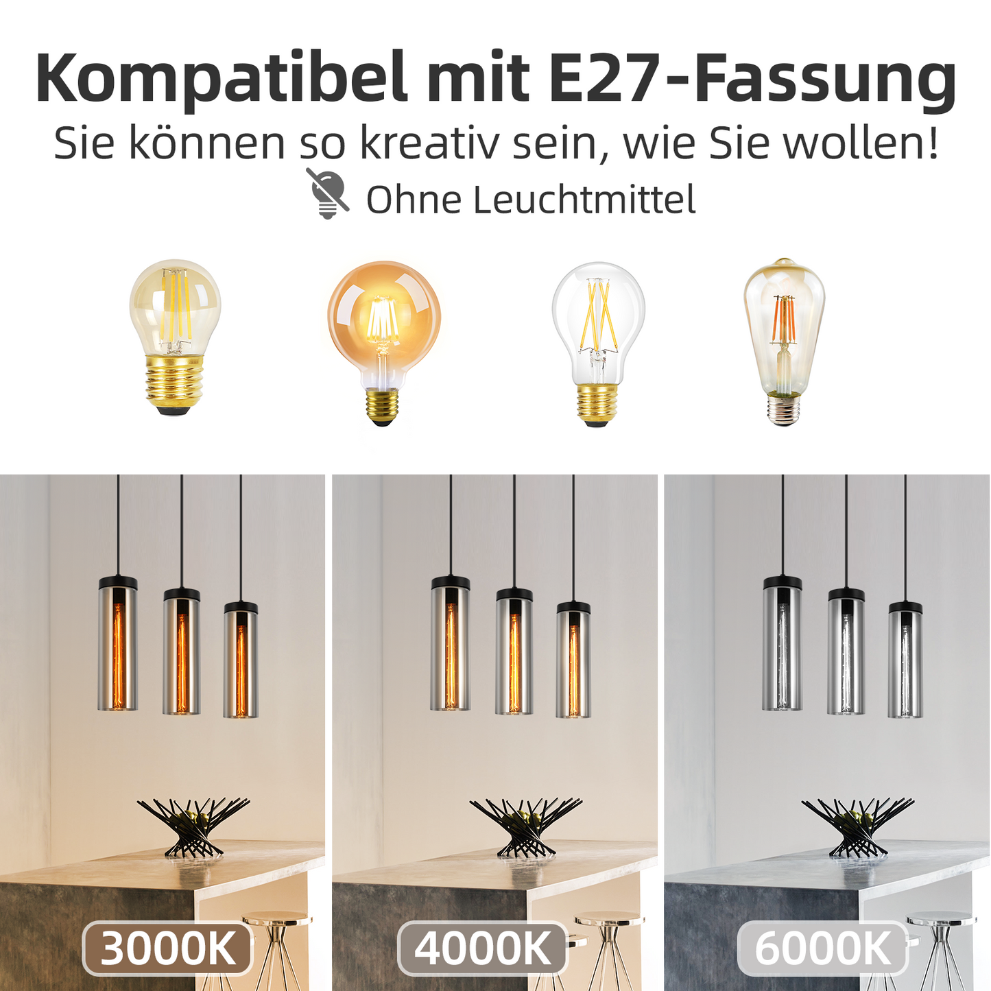 H?ngelampe Vintage Esstisch Pendelleuchte Schwarz - 3 Flammig H?ngeleuchte H?henverstellbar E27 Esstischlampe H?ngend Pendellampe Glas f¨¹r K¨¹chen Schlafzimmer Wohnzimmer (ohne Leuchtmittel)