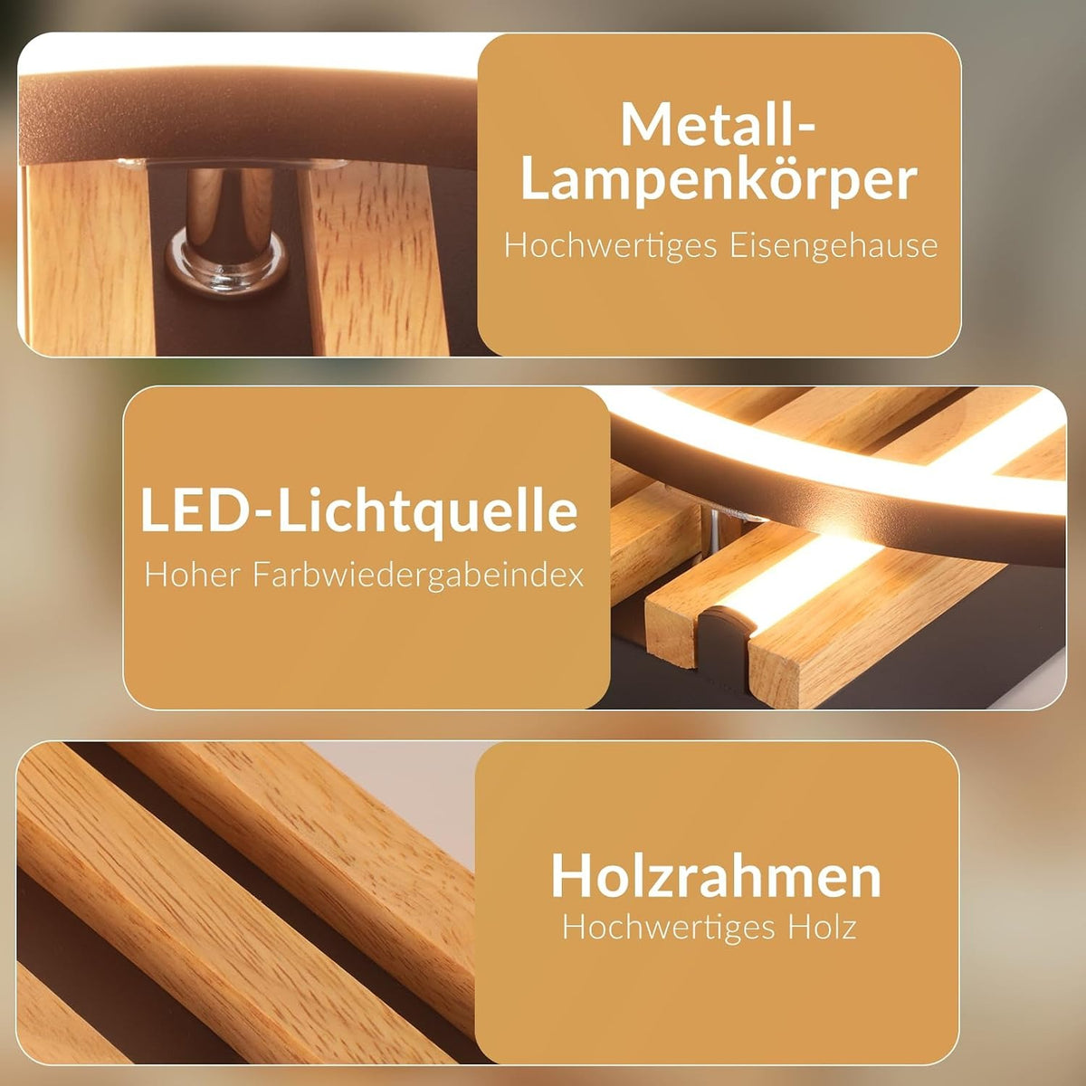 ZMH LED Deckenleuchte Holz Deckenlampe:38cm Wohnzimmer 3000K