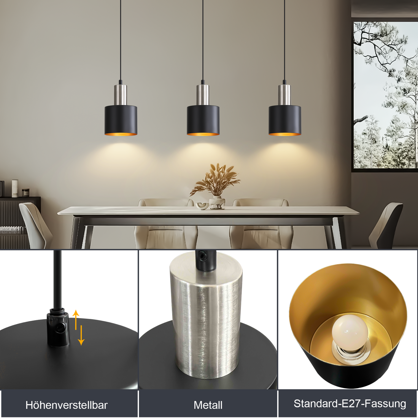 H?ngelampe Esstisch Pendelleuchte E27 Schwarz - H?ngeleuchte Retro Schlafzimmerlampe Nachttisch H?henverstellbar K¨¹chenlampe H?ngend Esszimmerlampe Vintage Industrial Ohne Leuchtmittel