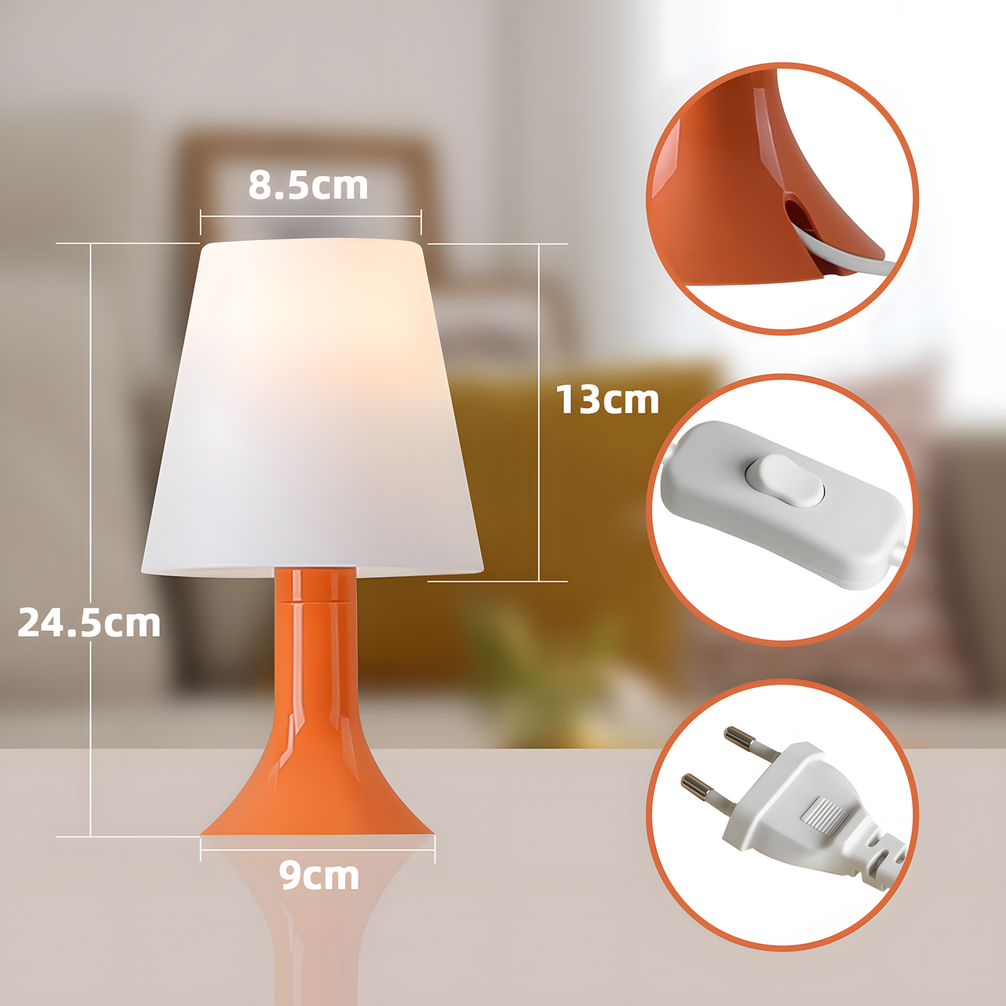 Nachttischlampe Wohnzimmer Tischleuchte mit Kabel - Tischlampe 2er Set Kleine Lampe E14 Tischlampen Orange Moderne Landhausstil für Esstisch Schlafzimmer - Ohne Leuchtmittel