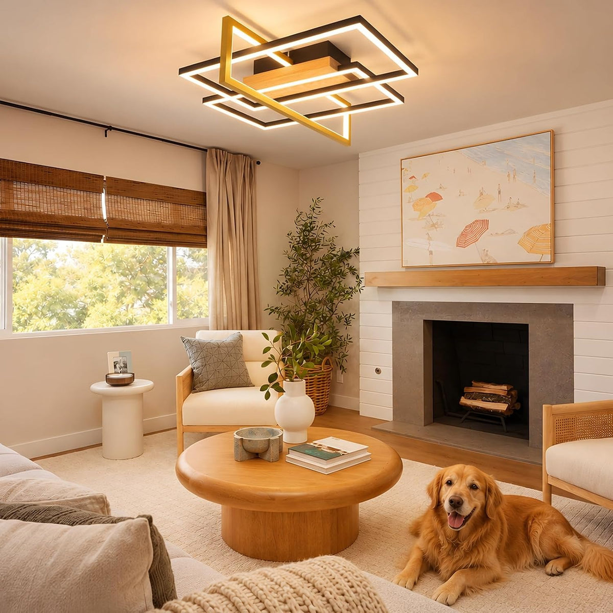 ZMH Deckenlampe Wohnzimmer LED Schwarz Deckenleuchte 46W Holz Küchenlampe