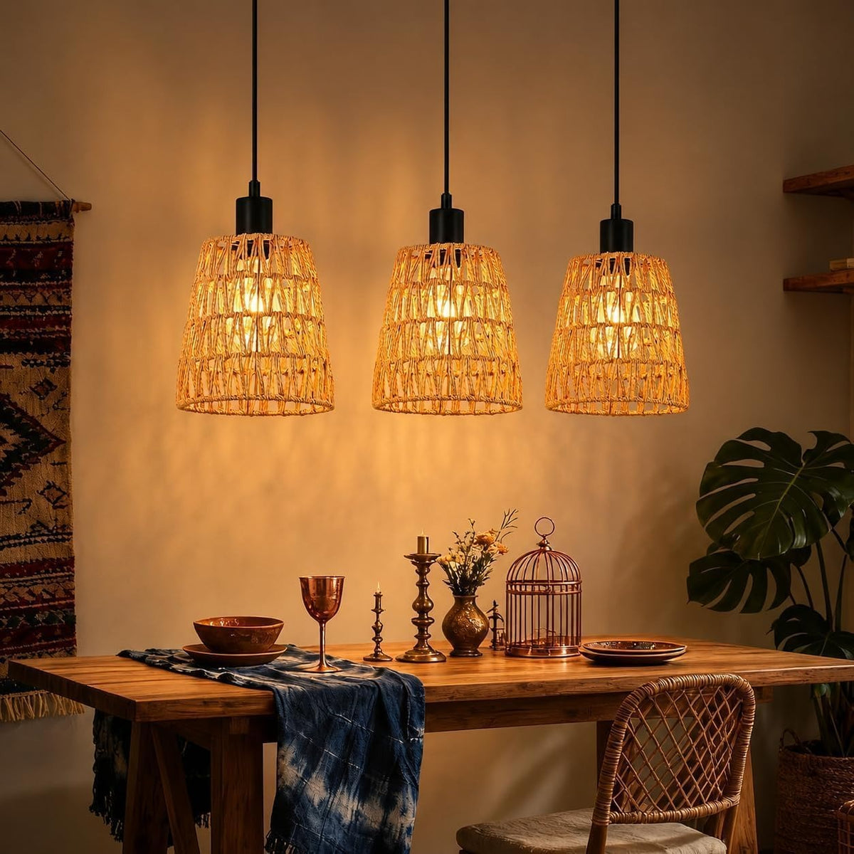 ZMH Hängelampe Boho Pendelleuchte Rattan 1 Flammig Esstischlampe