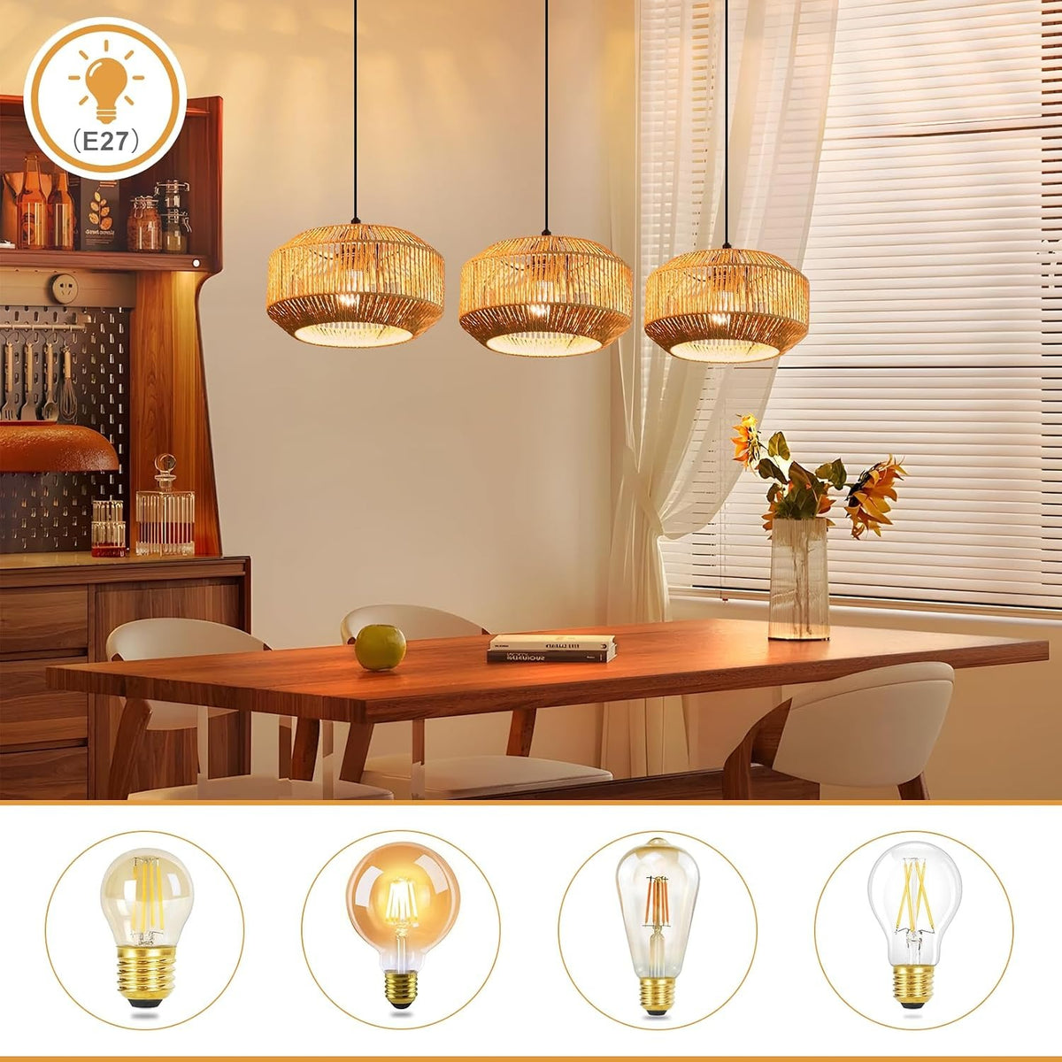 ZMH Pendelleuchte Boho Hängelampe Rattan Lampe Hängend Höhenverstellbar