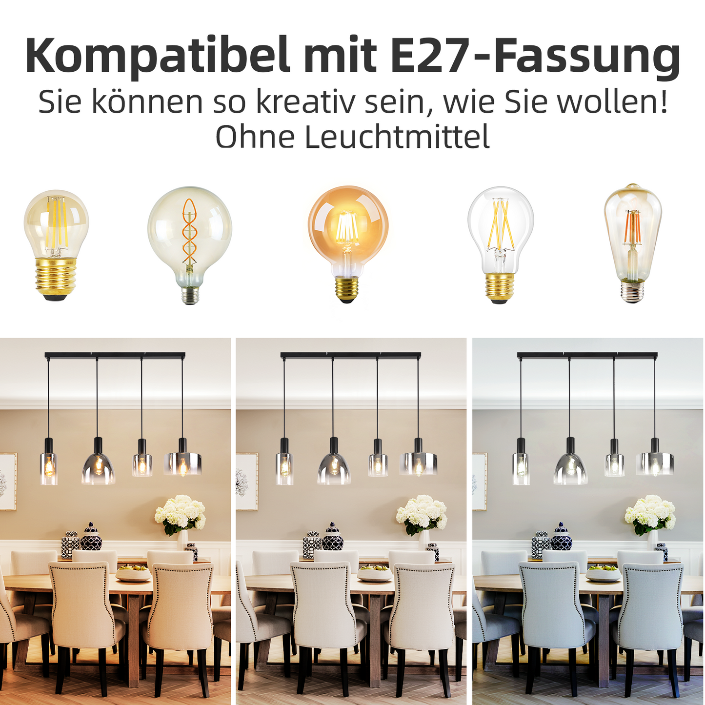 Pendelleuchte H?ngelampe Esstisch 4 Flammig H?ngeleuchte- E27 Vintage Esszimmerlampe H?ngend Pendellampe H?henverstellbar Glas Retro f¨¹r Schlafzimmer Wohnzimmer (ohne Leuchtmittel)