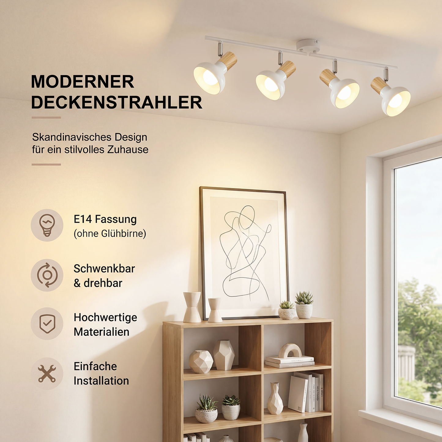 ZMH Deckenstrahler 4 Flammig Deckenleuchte Vintage - Deckenlampe Wohnzimmer Weiß Strahler Innen E14 Deckenspots Metall Industrial 350°Schwenkbar Spots für Flur Schlafzimmer(Ohne Leuchtmittel)