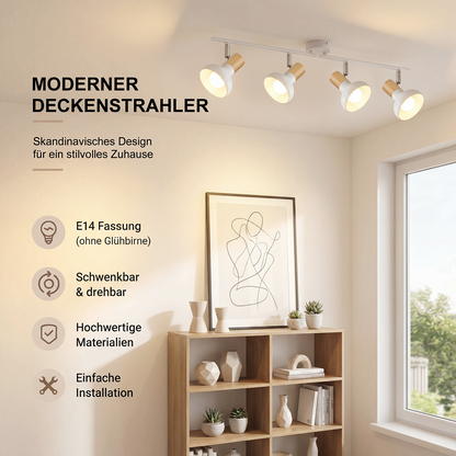 ZMH Deckenstrahler 4 Flammig Deckenleuchte Vintage - Deckenlampe Wohnzimmer Weiß Strahler Innen E14 Deckenspots Metall Industrial 350°Schwenkbar Spots für Flur Schlafzimmer(Ohne Leuchtmittel)