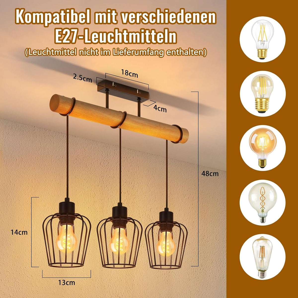 ZMH Deckenleuchte Holz Vintage Deckenlampe Küche Schwarz Küchenlampe E27