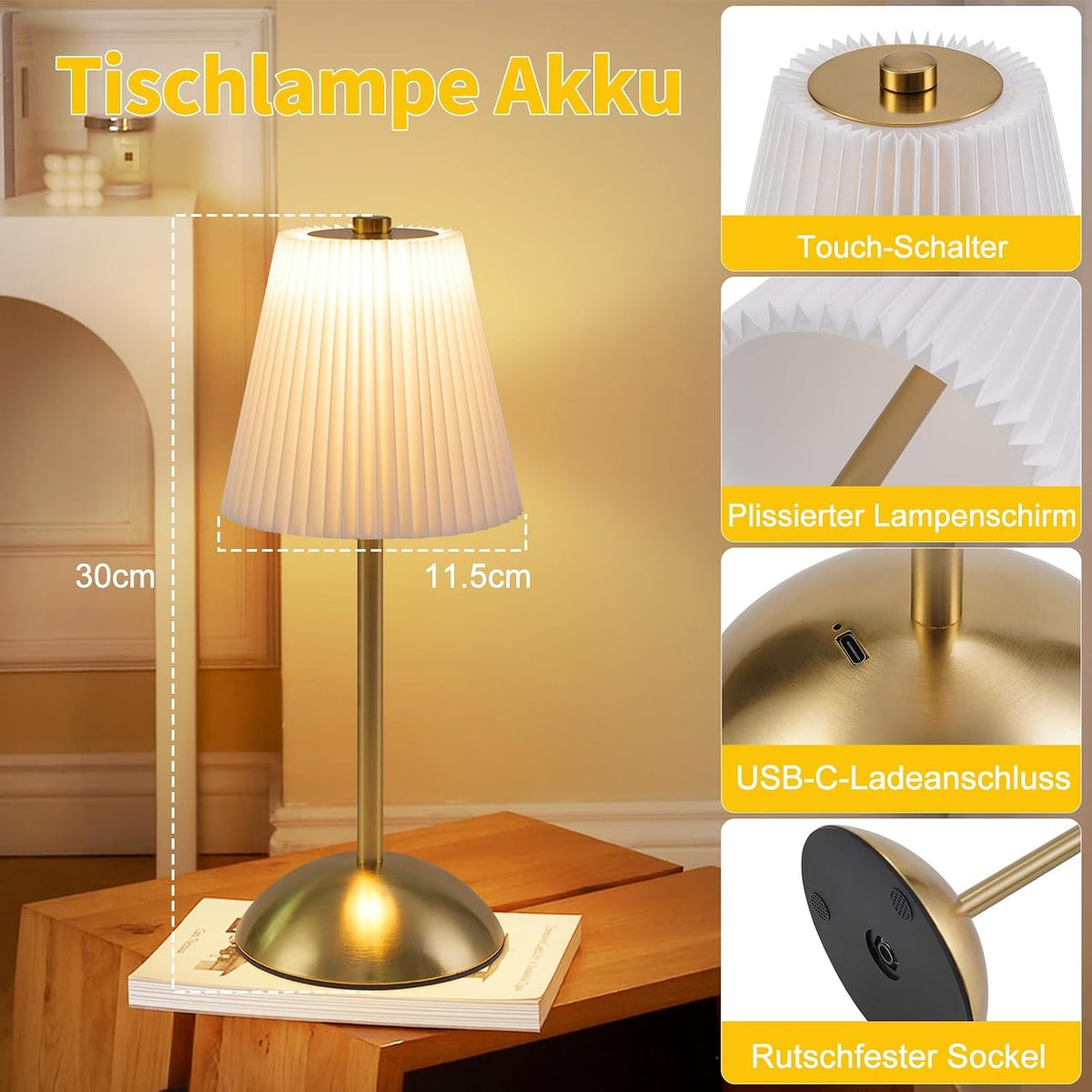 ZMH Tischlampe Kabellos Nachttischlampe 2er Set LED Akku Tischleuchte Aufladbar