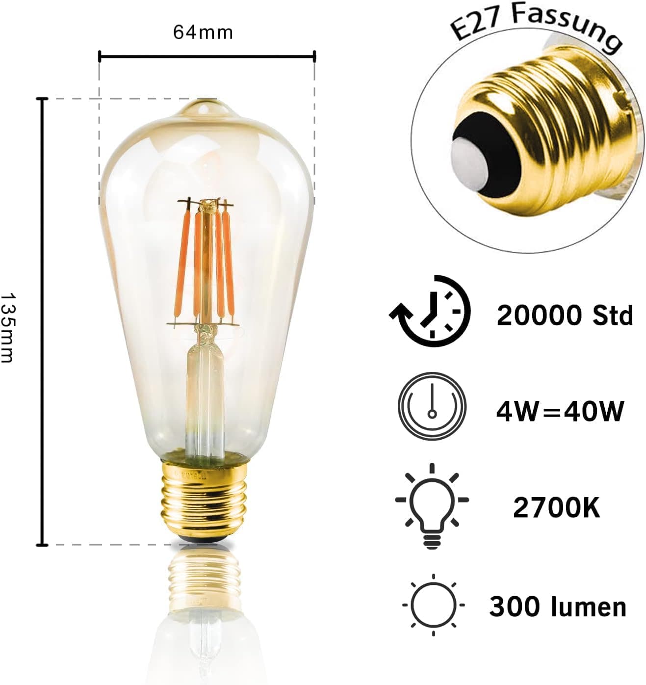 ZMH 6x LED Vintage Edison Glühbirne E27 4W Retro Glühlampe ST64 Leuchtmittel LED Filament Dekorative Lampen 2700K Warmweiß Licht Antike Beleuchtung für Haus Café Bar Restaurant ZMH-Lichtstein