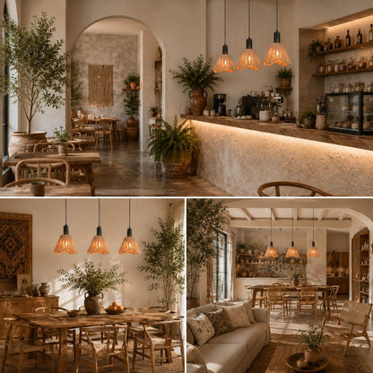 ZMH Hängelampe Boho Pendelleuchte Rattan 3 Flammig Esstischlampe