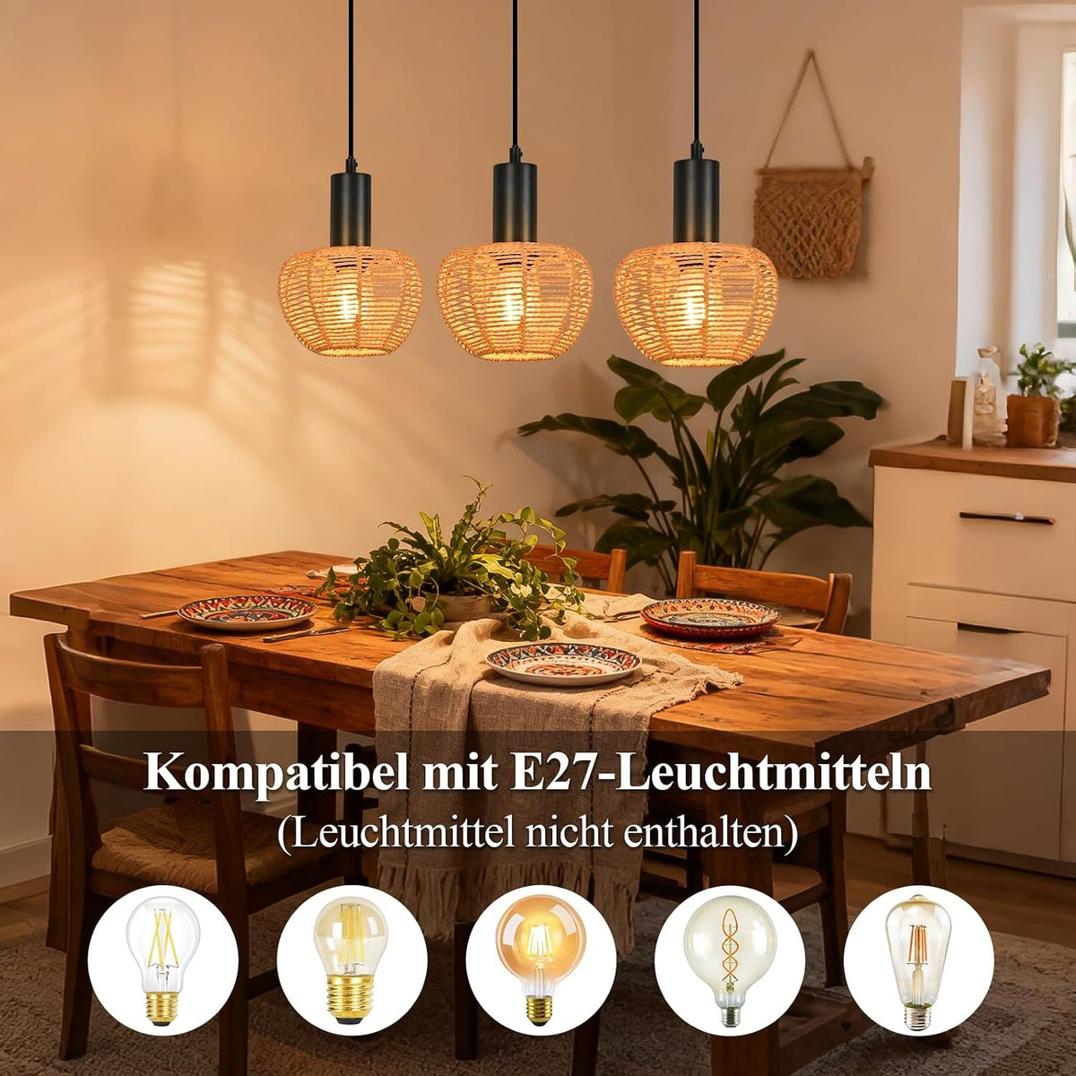 ZMH Hängelampe Boho Pendelleuchte Rattan 3-1 Flammig Esstischlampe