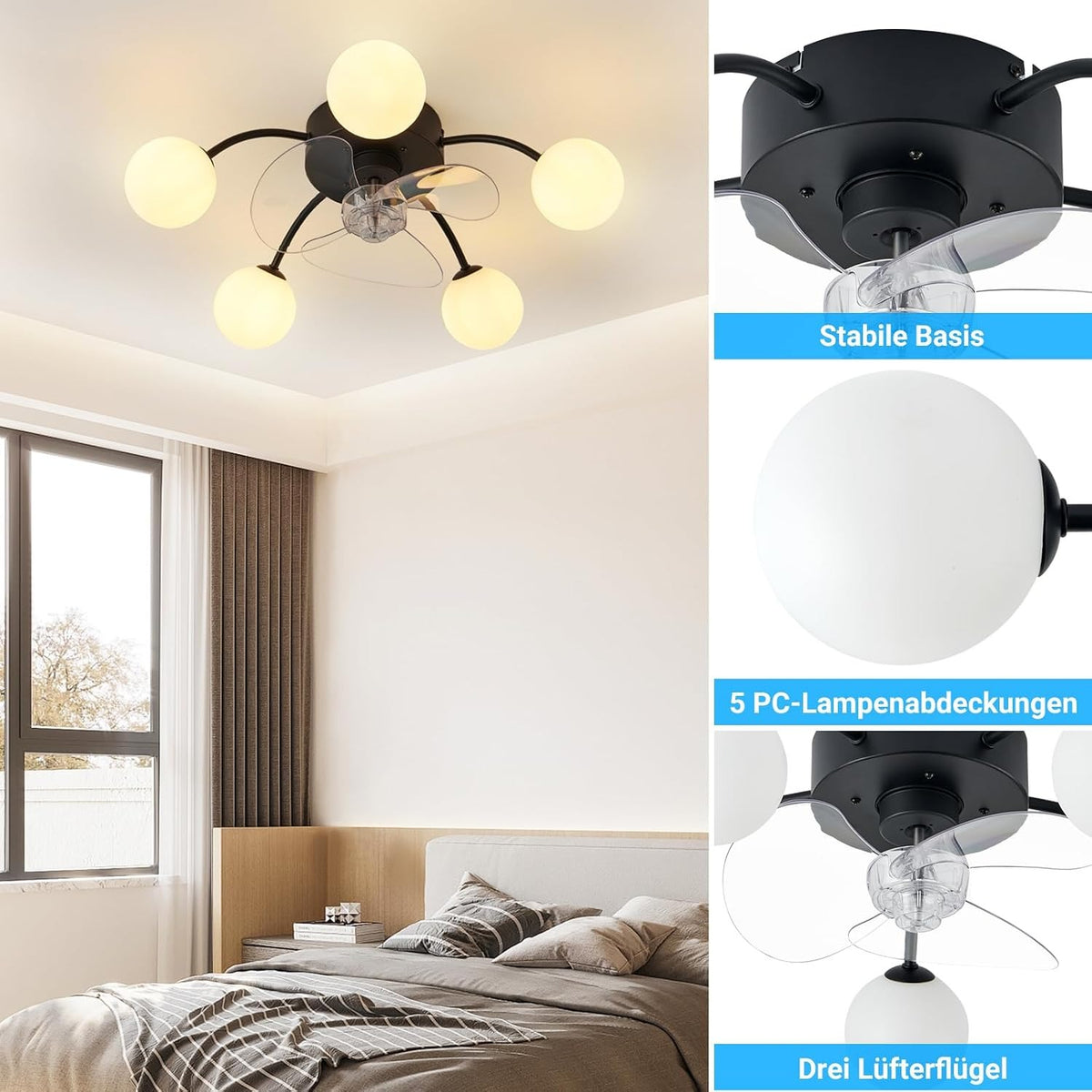 ZMH Deckenleuchte mit Ventilator Leise Deckenventilator Ohne Licht