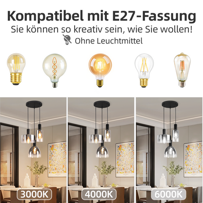 Pendelleuchte Wohnzimmer Hängelampe 3 Flammig Hängeleuchte-E27 Vintage Esszimmerlampe Hängend Pendellampe Höhenverstellbar Rauchgrau Glas für Schlafzimmer Wohnzimmer (ohne Leuchtmittel)