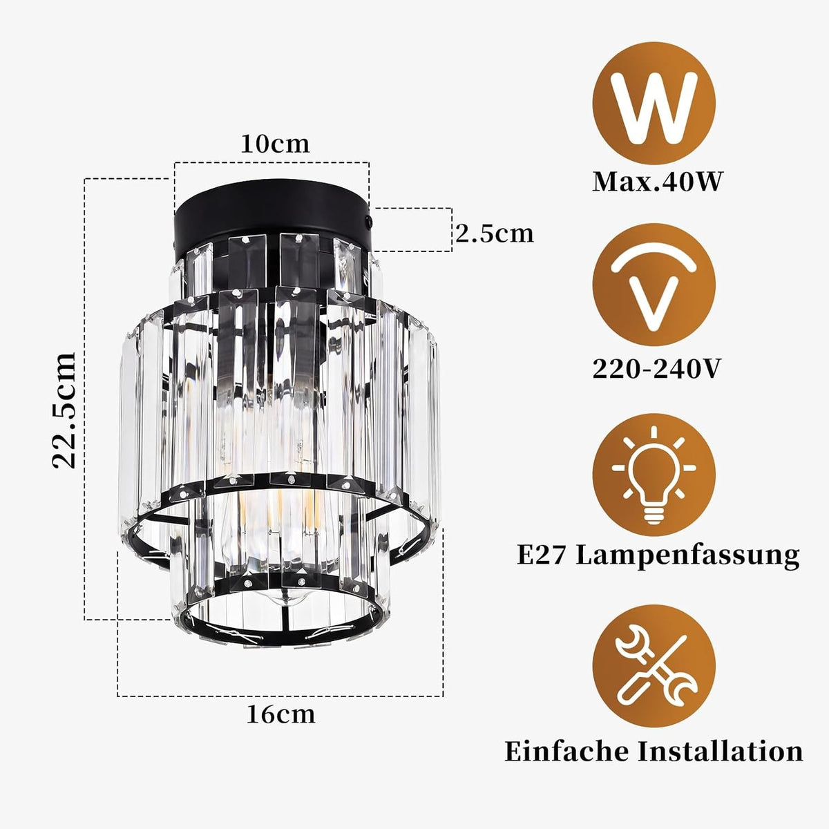 ZMH Deckenleuchhte Kristall Moderne Deckenlampe Schwarz Kronleuchter Vintage Flurlampe Decke Schlafzimmerlampe E27 Küchenlampe