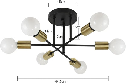 ZMH Deckenlampe Vintage Deckenleuchte Retro - 6 Flammig Wohnzimmerlampe Industrial E27 Schwarz-Gold aus Metall Schlafzimmerlampe für Schlafzimmer Küche Esszimmer Wohnzimmer