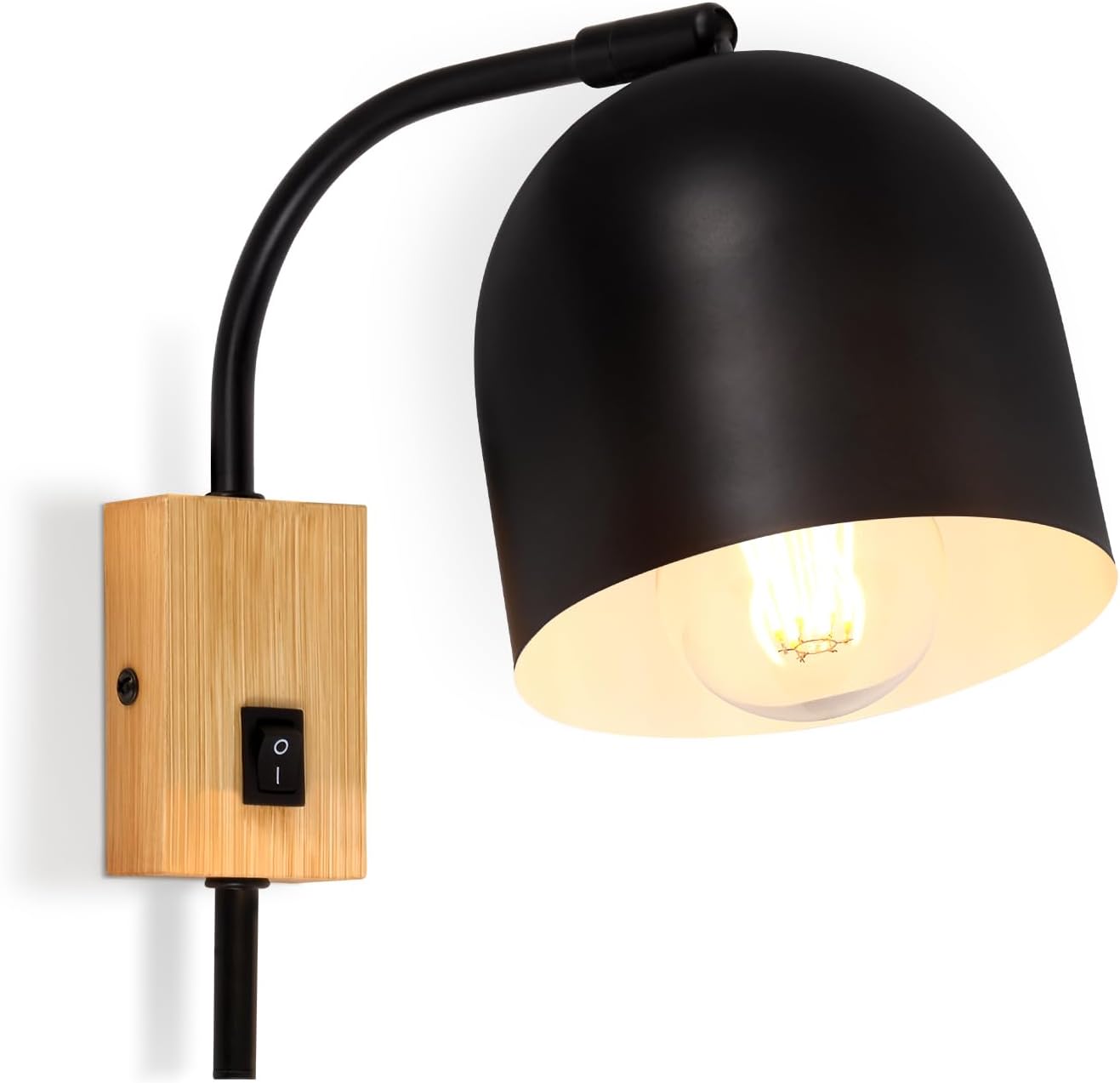 ZMH Wandspots Holz Wandleuchte mit Schalter - Wandlampe E27 Schwenkbar Wandstrahler Schwarz Metall Vintage Flurlampe Innen Kinderzimmer Wohnzimmer Schlafzimmer Treppe Flur Ohne Leuchtmittel