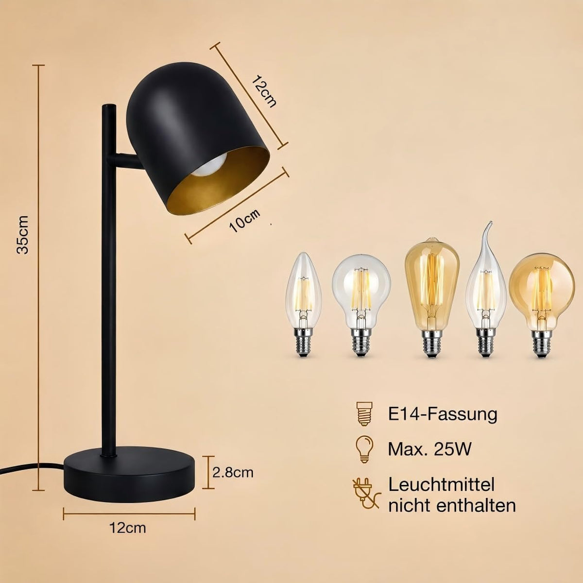 ZMH Tischlampe mit Kabel Nachttischlampe Vintage Tischleuchte e14