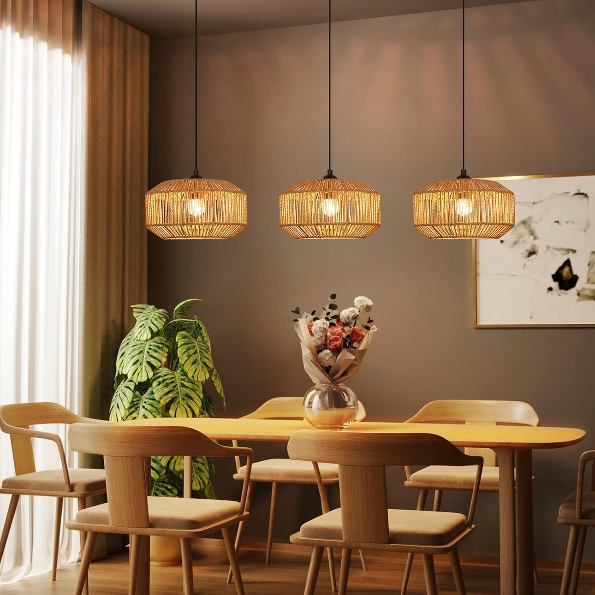 ZMH Pendelleuchte Boho Hängelampe Rattan Lampe Hängend Höhenverstellbar