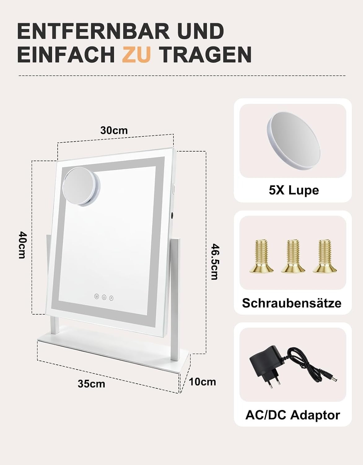 ZMH Schminkspiegel mit Beleuchtung Hollywood Spiegel - 30×40CM LED Vanity Mirror Klein Kosmetikspiegel mit Licht Tischspiegel 3 Modi Schminktischspiegel Touch Dimmbar