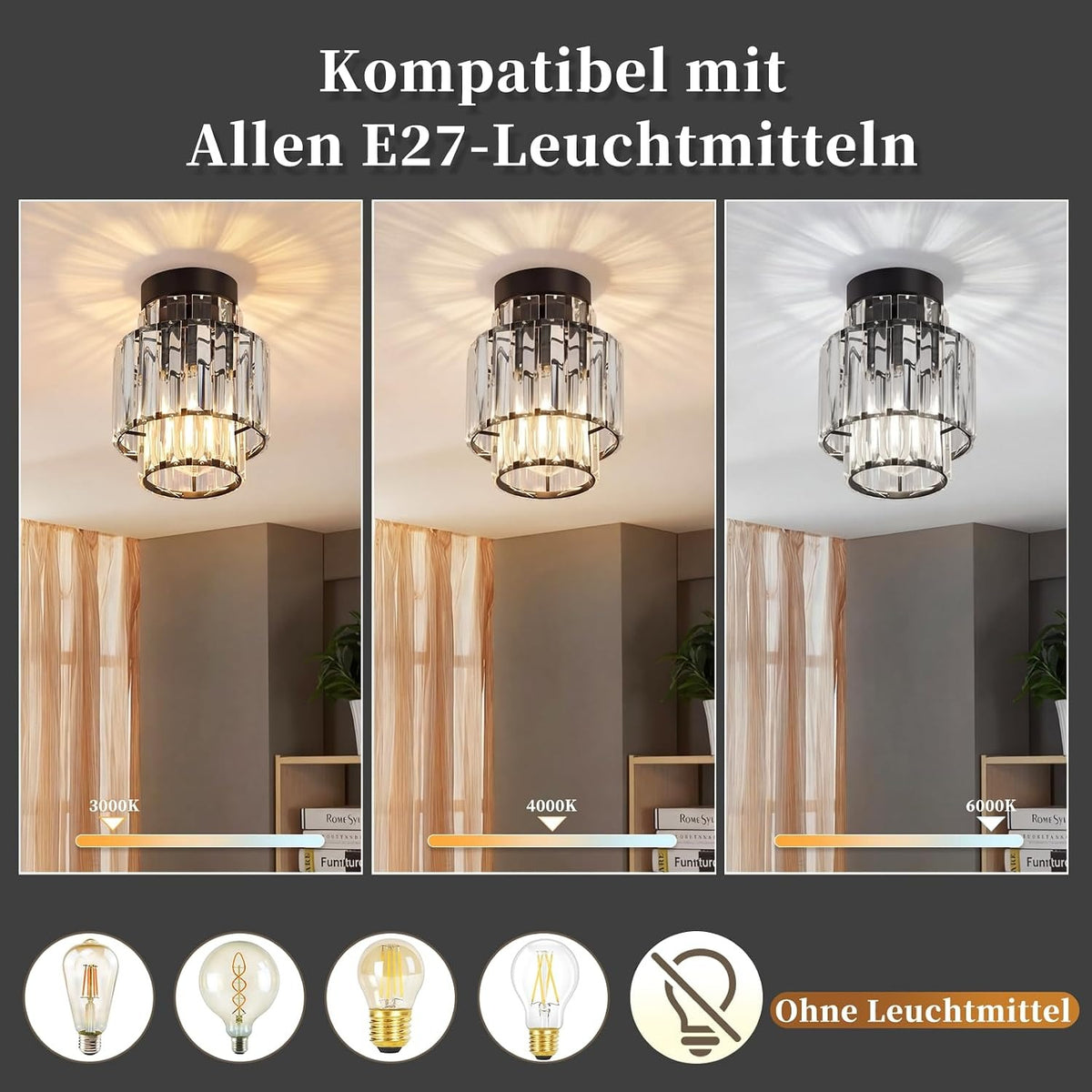ZMH Deckenleuchhte Kristall Moderne Deckenlampe Schwarz Kronleuchter Vintage Flurlampe Decke Schlafzimmerlampe E27 Küchenlampe