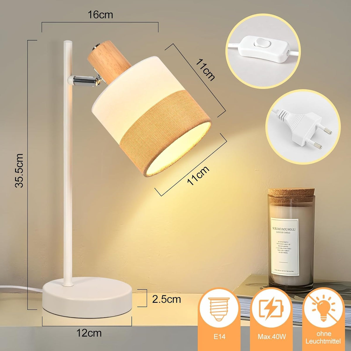 ZMH Tischlampe Wohnzimmer Nachttischlampe Holz 2er Set E14