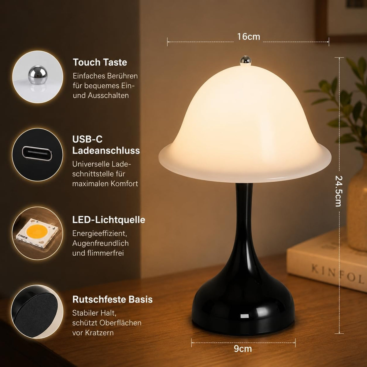 Tischlampe Kabello Nachttischlampe LED - Akku Tischleuchte USB Aufladbar