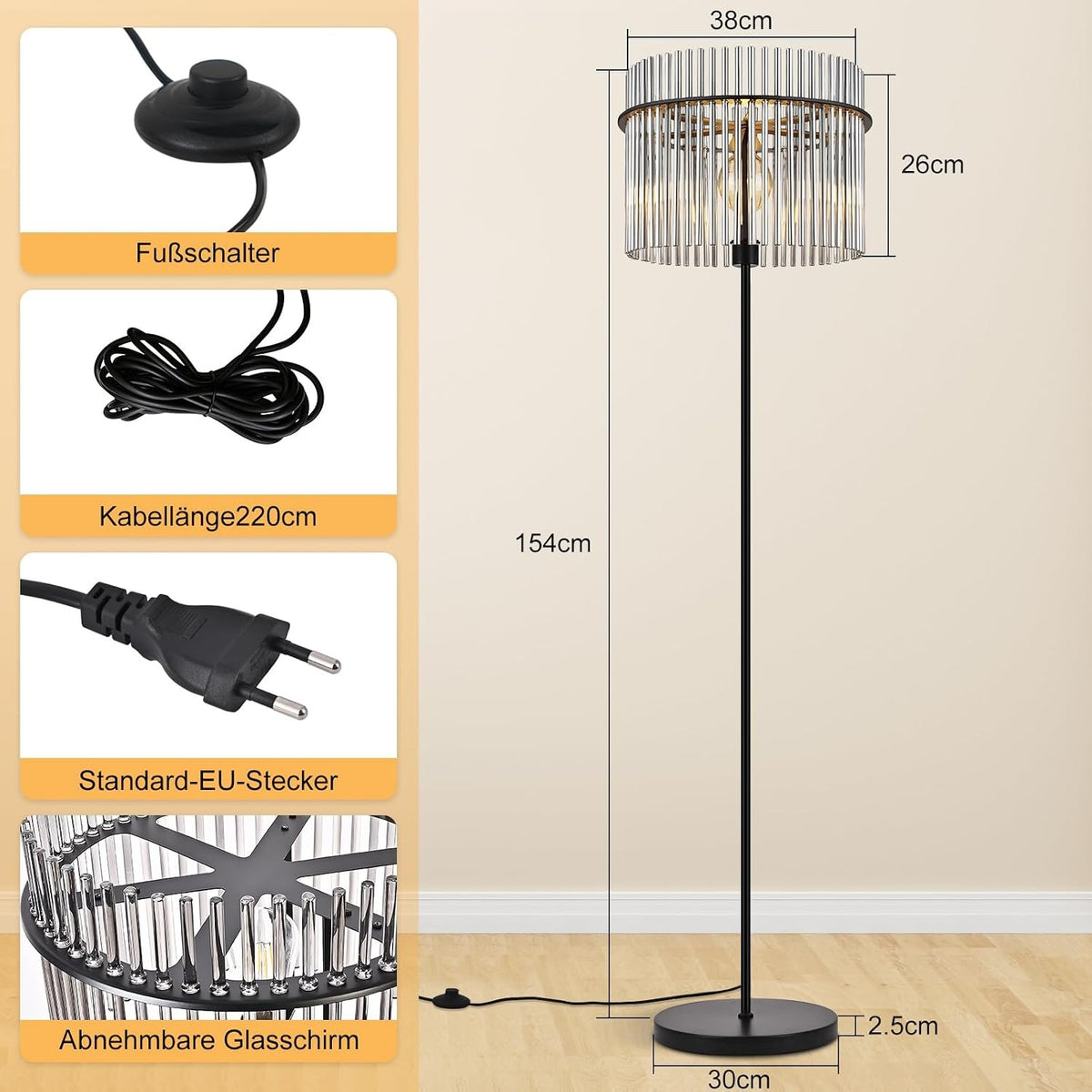 ZMH Stehlampe Schwarz Stehleuchte Glas Standleuchte Wohnzimmer E27