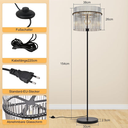 ZMH Stehlampe Schwarz Stehleuchte Glas Standleuchte Wohnzimmer E27