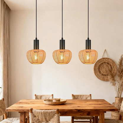 ZMH Hängelampe Boho Pendelleuchte Rattan 3-1 Flammig Esstischlampe