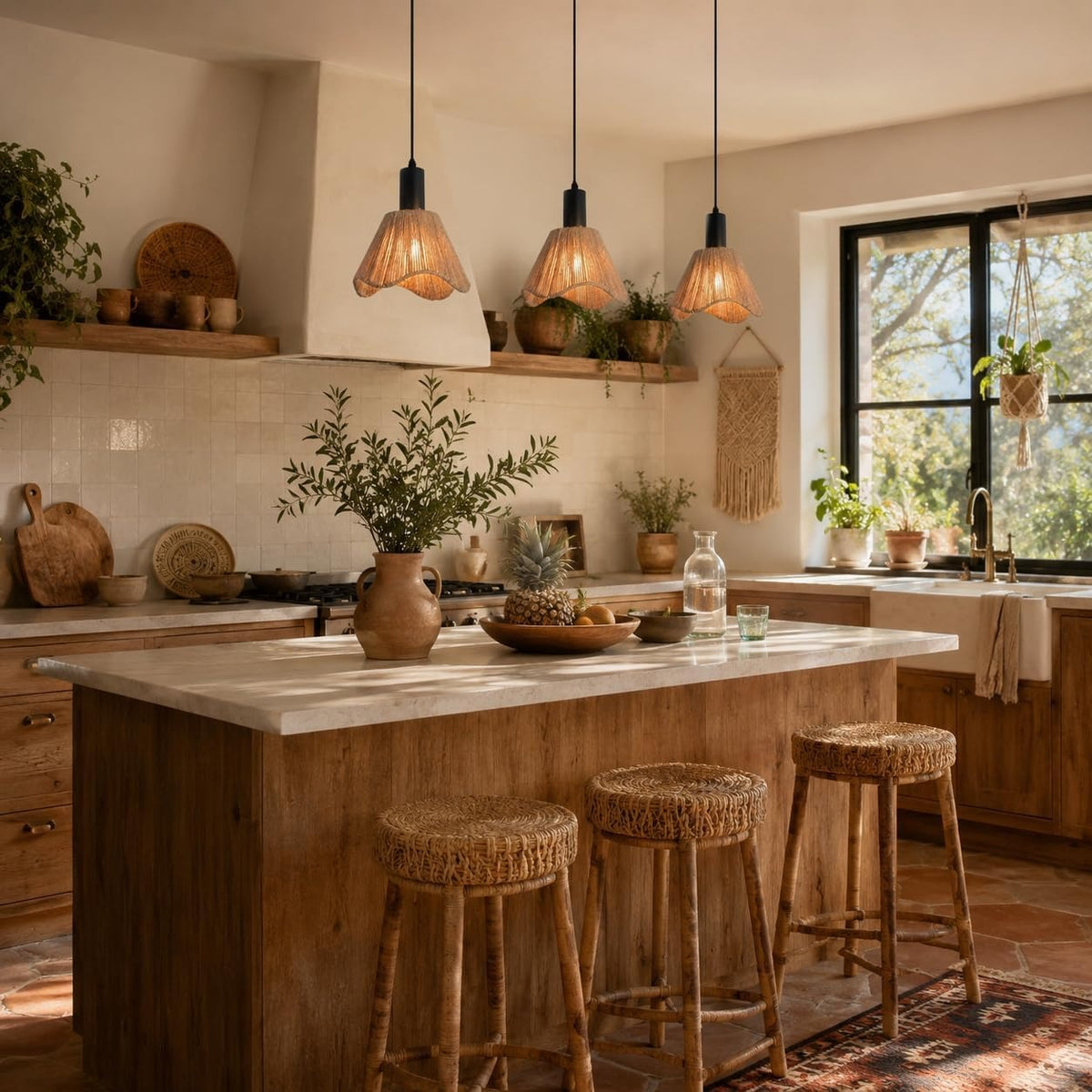 ZMH Hängelampe Boho Pendelleuchte Rattan 3 Flammig Esstischlampe