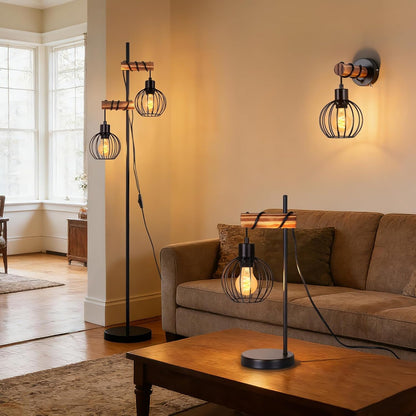 ZMH Stehlampe Wohnzimmer Holz Stehleuchte Schwarz im industrial Design