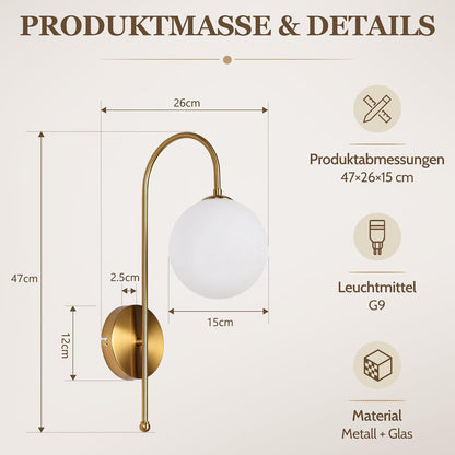 ZMH Wandleuchte Innen Wandlampe Schlafzimmer G9 Flurlampe Gold Glaskugel