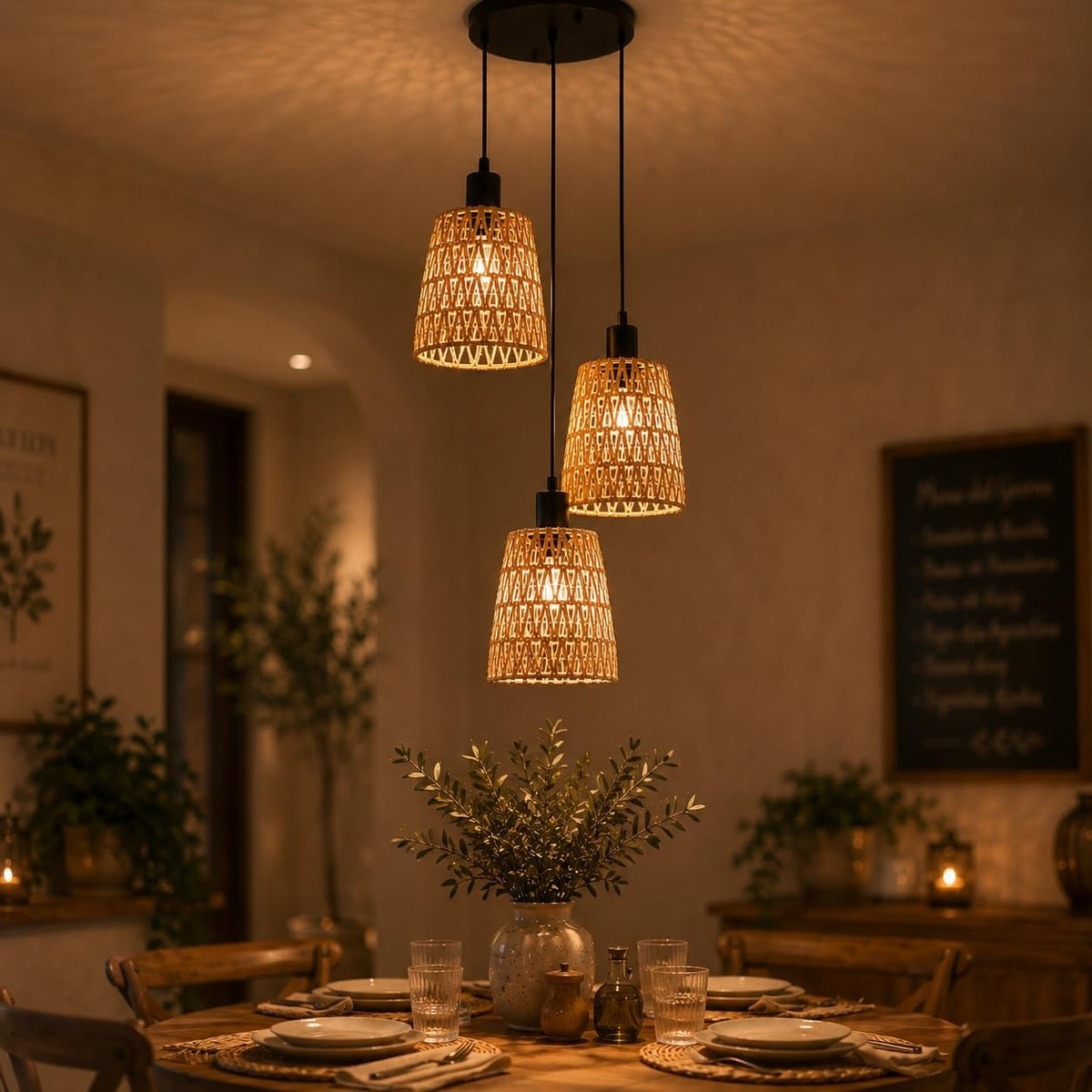 ZMH Hängelampe Boho Pendelleuchte Rattan 1 Flammig Esstischlampe