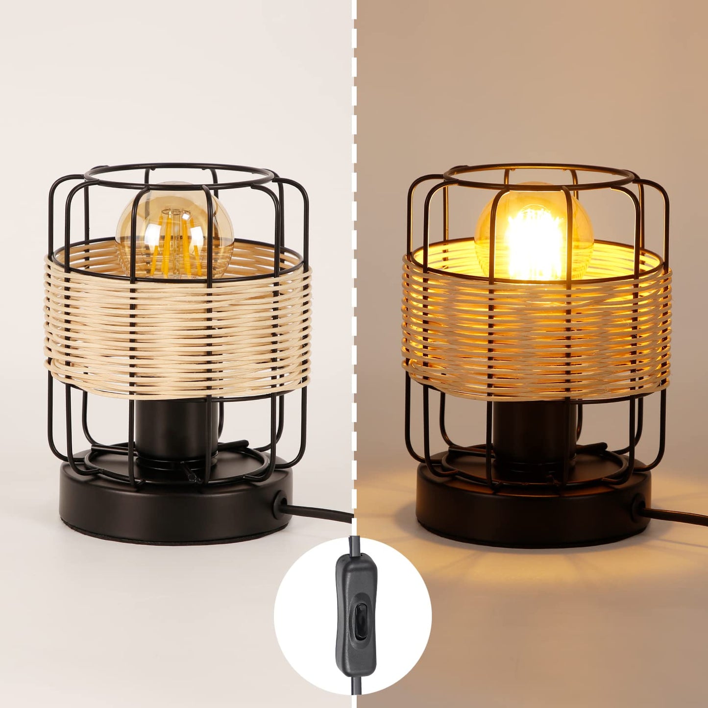 ZMH Tischlampe Vintage Nachttischlampe Retro: kleine Tischleuchte boho Lampe Wohnzimmer Schwarz aus Rattan Metall E27 skandinavisch Schreibtischlampe landhaus deko für Schlafzimmer - Ohne Birne